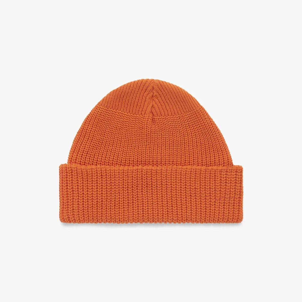 Orange knit beanie on a white background