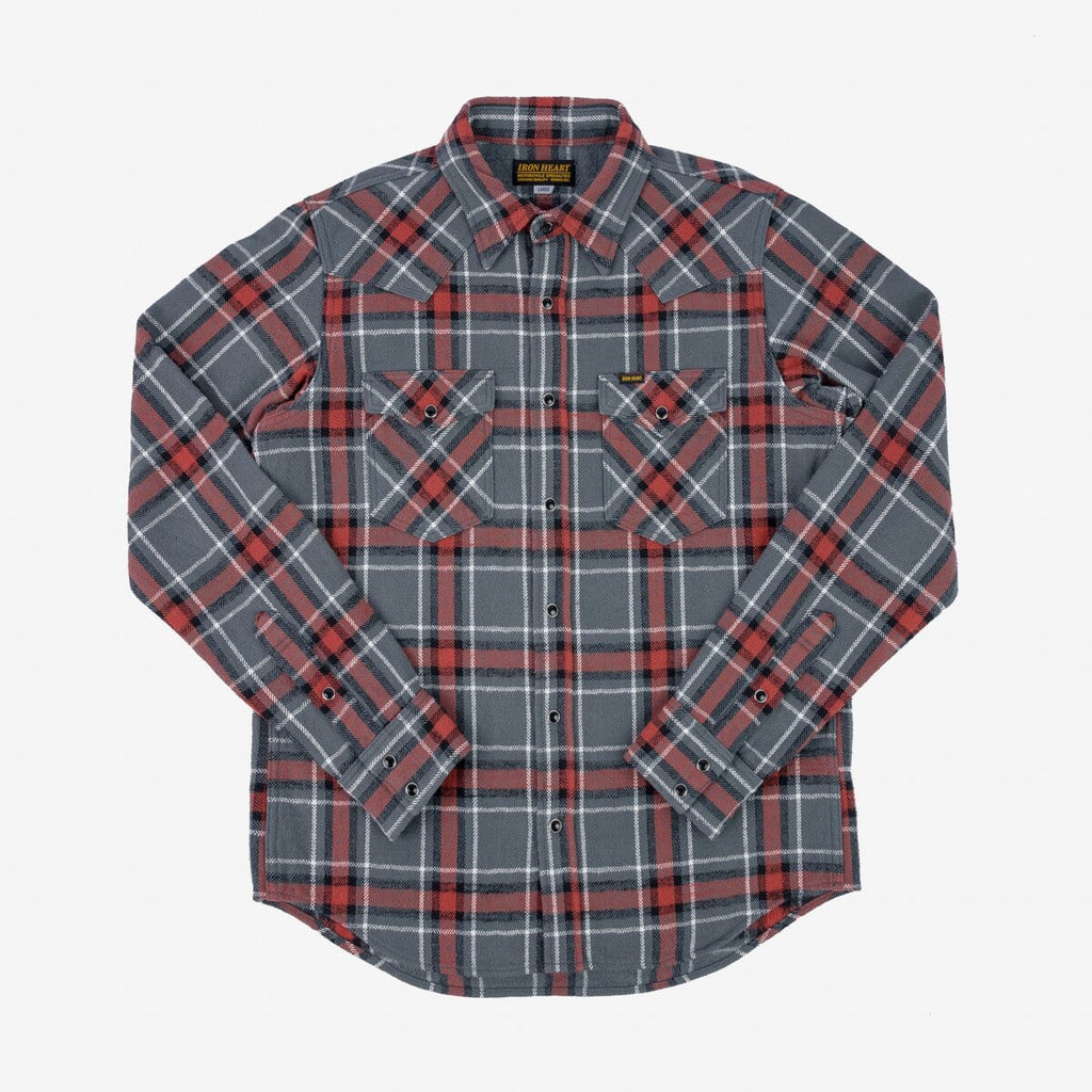 Iron Heart - IHSH-369-GRY - 12oz Slubby Heavy Flannel Herringbone Check Western Shirt - Grey - City Workshop Men's Supply Co.