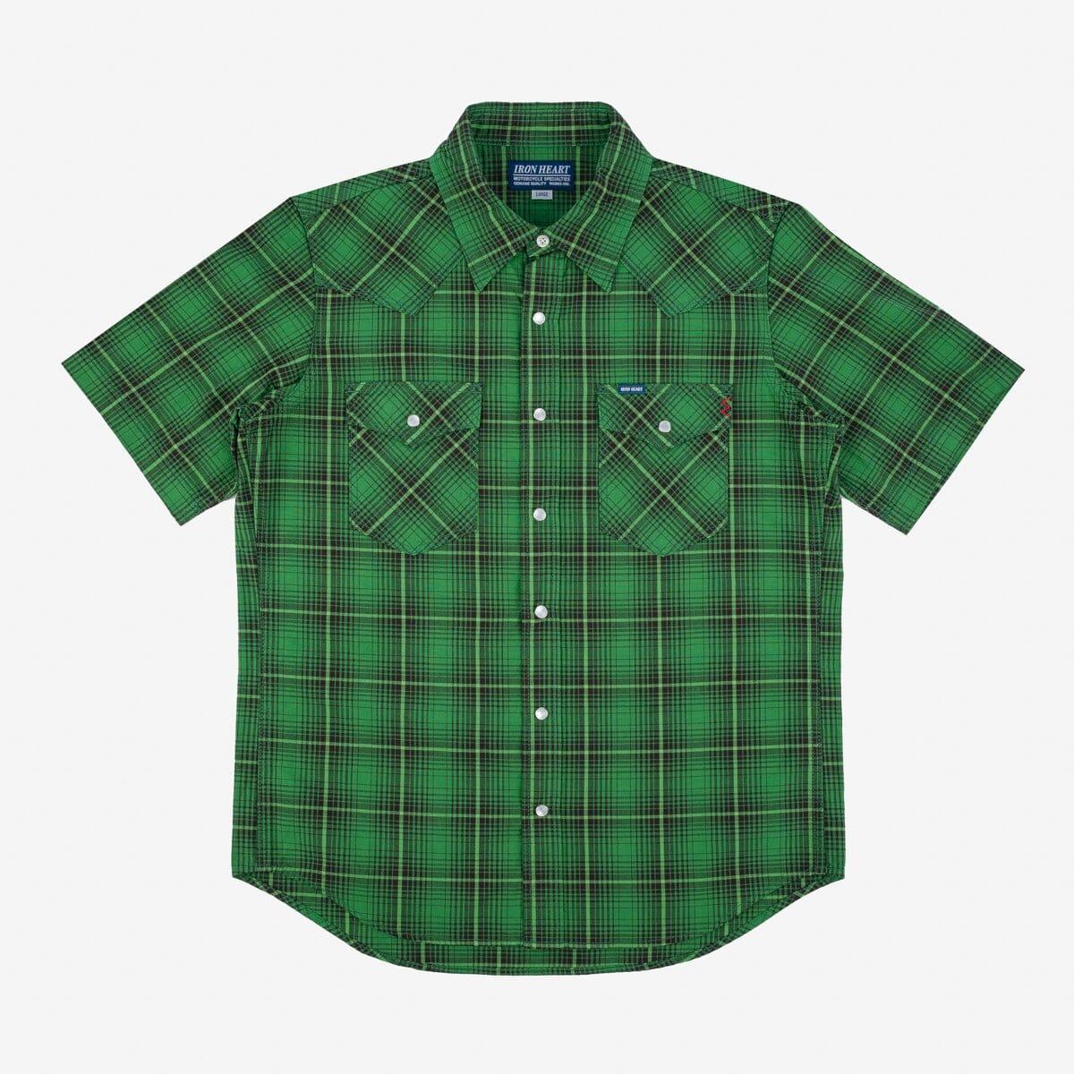 Iron Heart - IHSH-386-GRN - 5oz Selvedge Short Sleeved Western Shirt - Green Vintage Check - City Workshop Men's Supply Co.