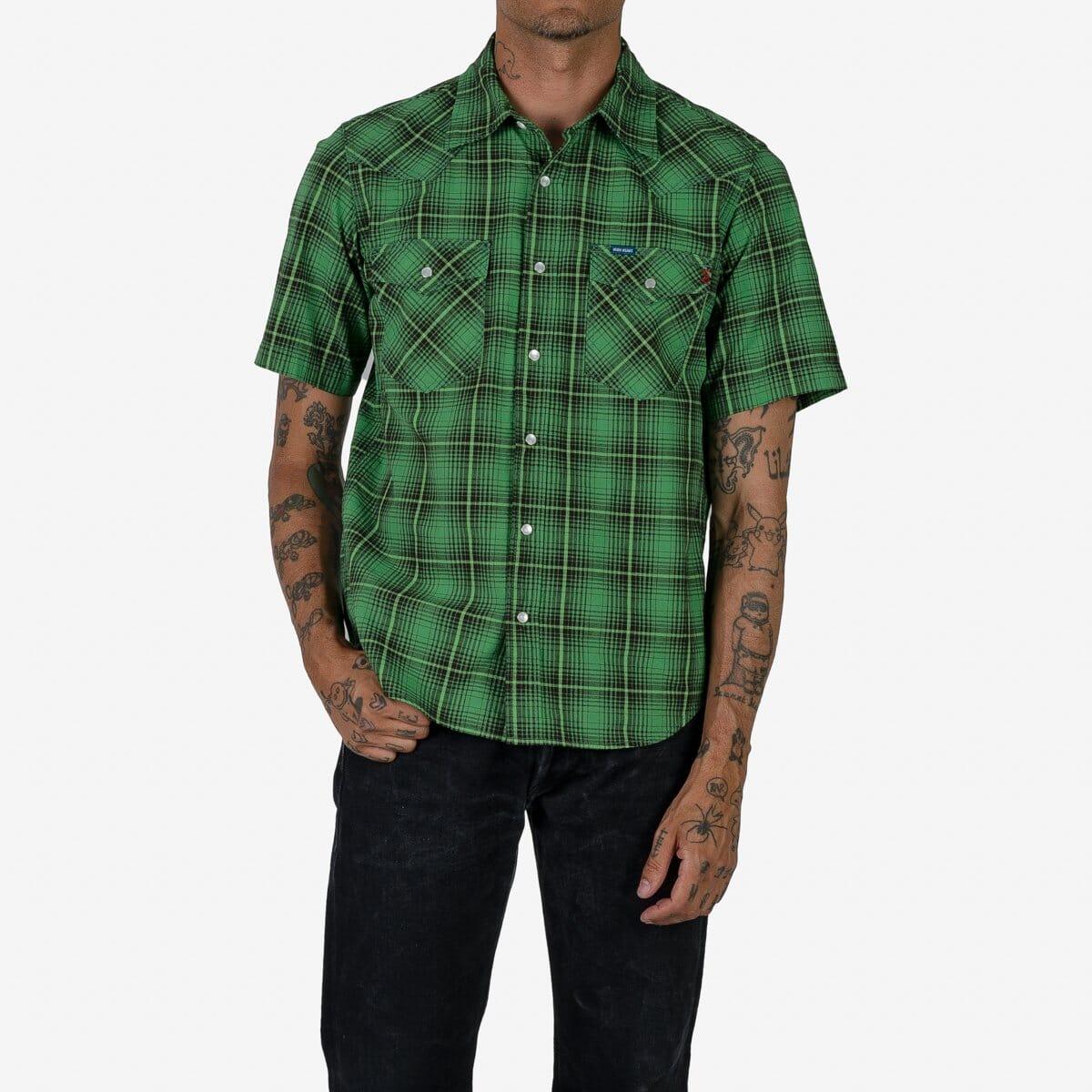 Iron Heart - IHSH-386-GRN - 5oz Selvedge Short Sleeved Western Shirt - Green Vintage Check - City Workshop Men's Supply Co.