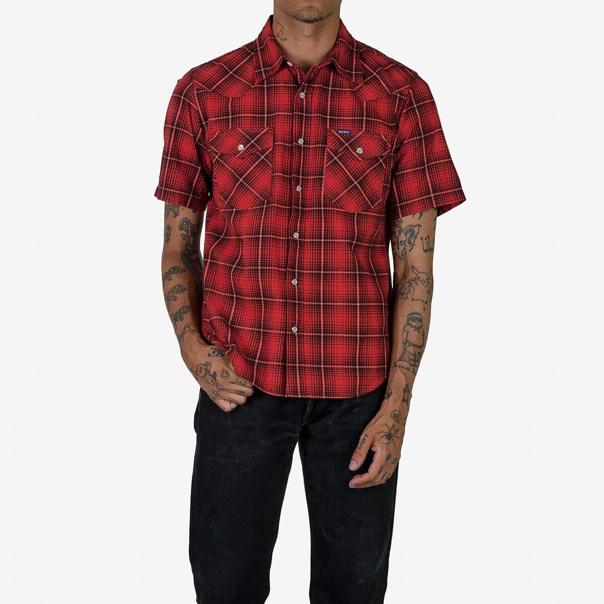 Iron Heart - IHSH-386-RED - 5oz Selvedge Short Sleeved Western Shirt - Red Vintage Check - City Workshop Men's Supply Co.