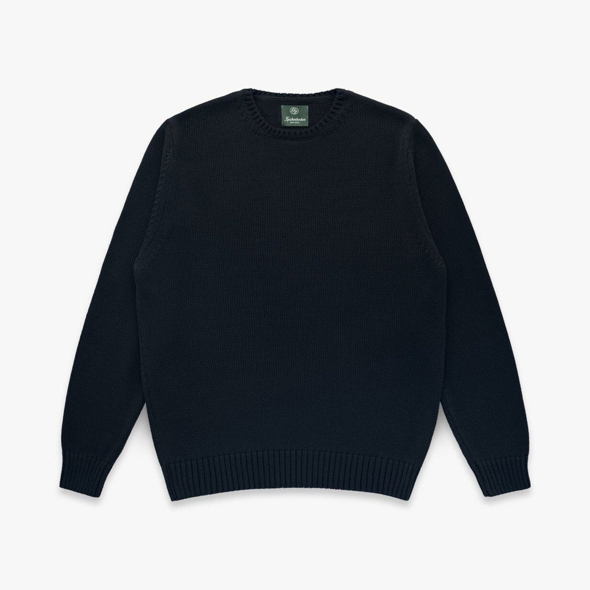 A dark navy blue crewneck knit sweater with long sleeves, laid flat against a light gray background.