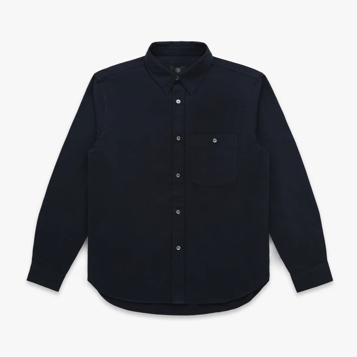 A dark navy blue long-sleeve button-up shirt with a single chest pocket, shown flat against a light gray background.