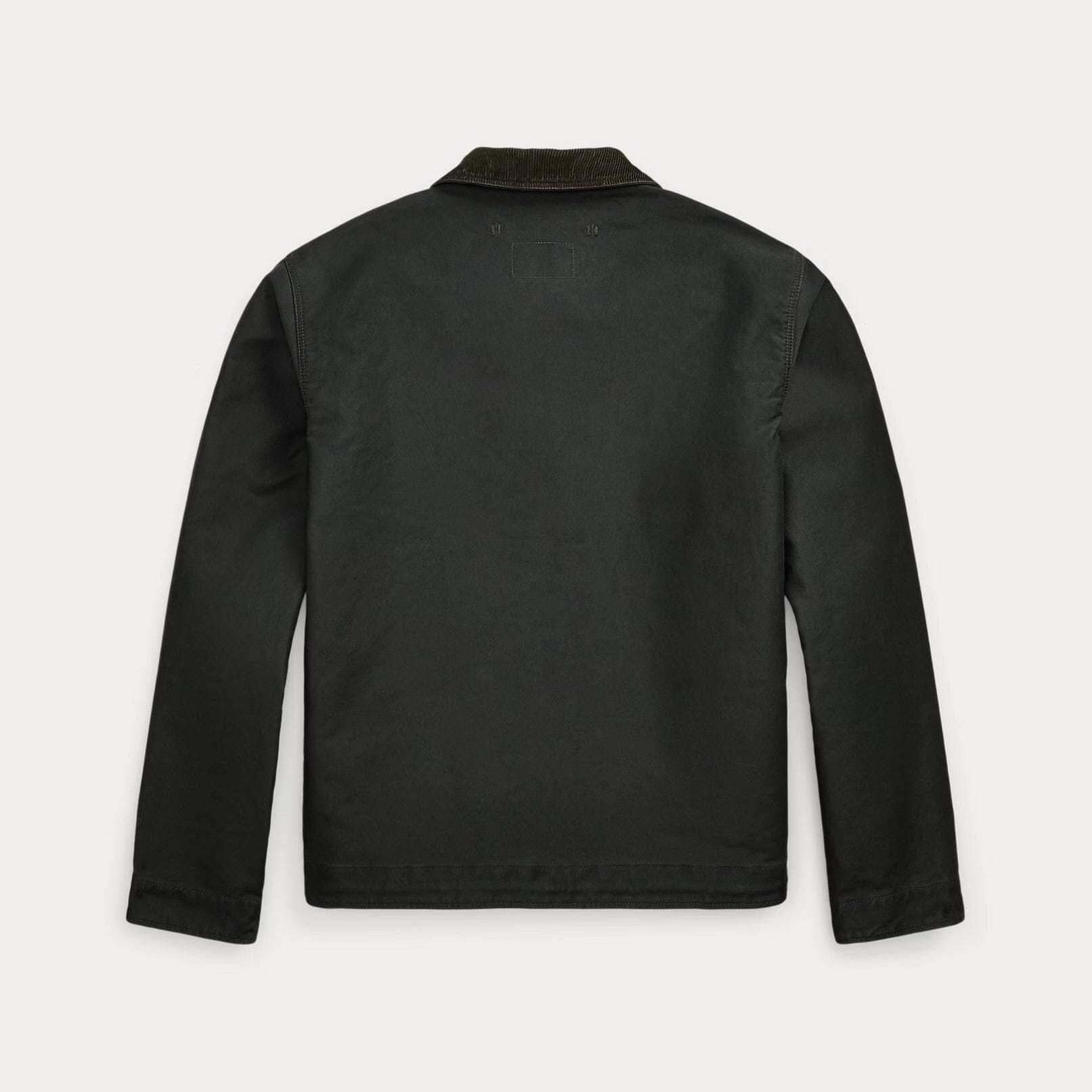 A black long-sleeve jacket shown from the back, featuring a dark brown corduroy collar, photographed against a light gray background.