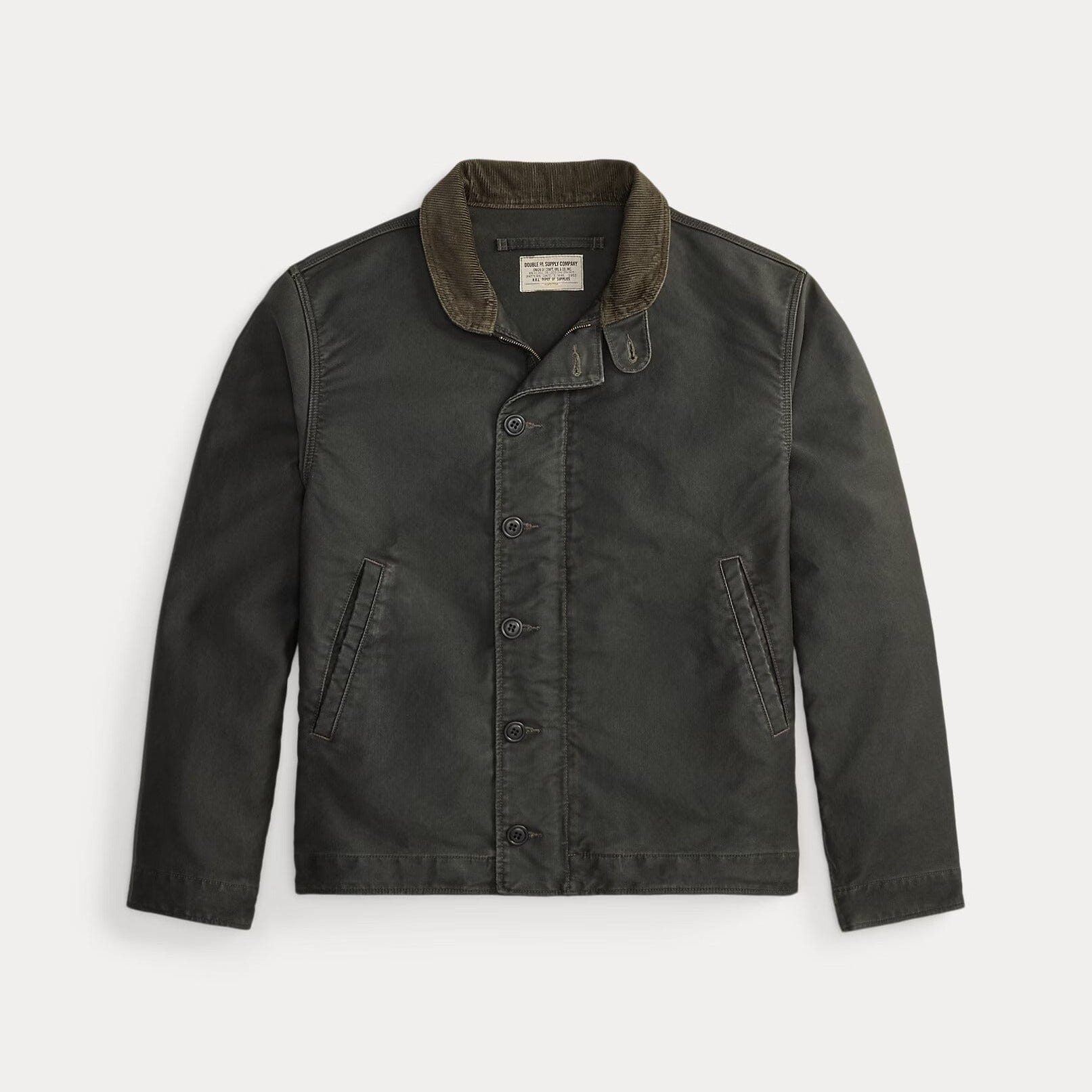 A black waxed canvas jacket with a brown corduroy collar, shown flat against a light gray background.
