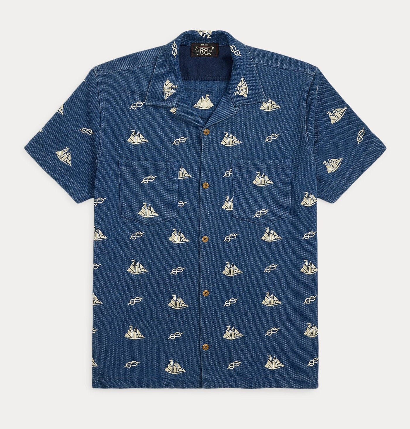 Double RL - Nautical-Embroidered Piqué Camp Shirt - Indigo