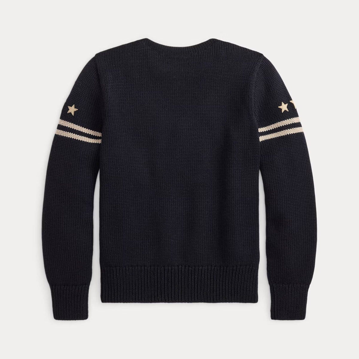 A dark navy blue knit sweater shown from the back, featuring two beige stripes and a beige star on each sleeve, set against a light gray background.