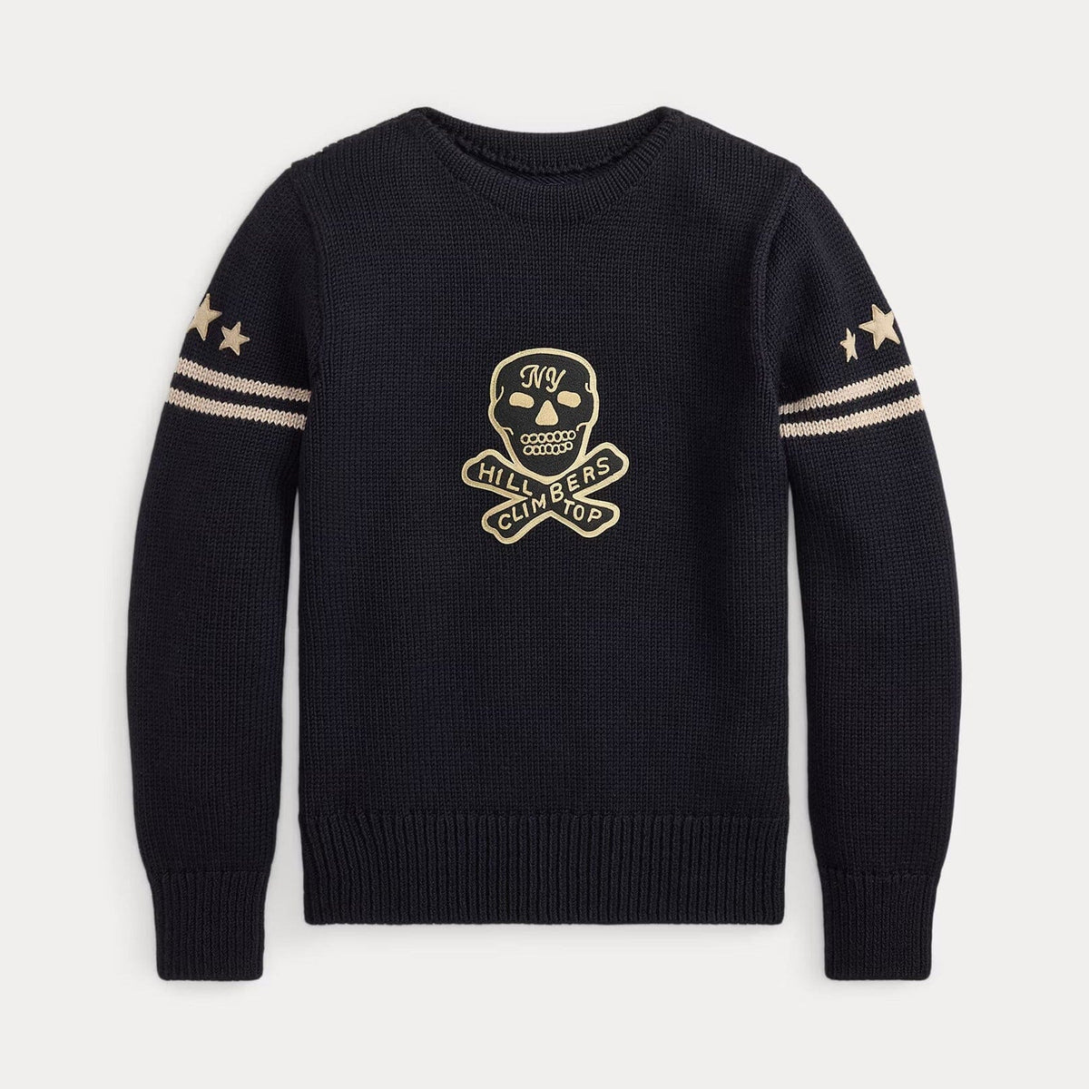 A dark navy blue knit crewneck sweater with a gold embroidered skull and crossbones graphic on the chest, featuring gold stripes and star details on the sleeves, set against a light gray background.