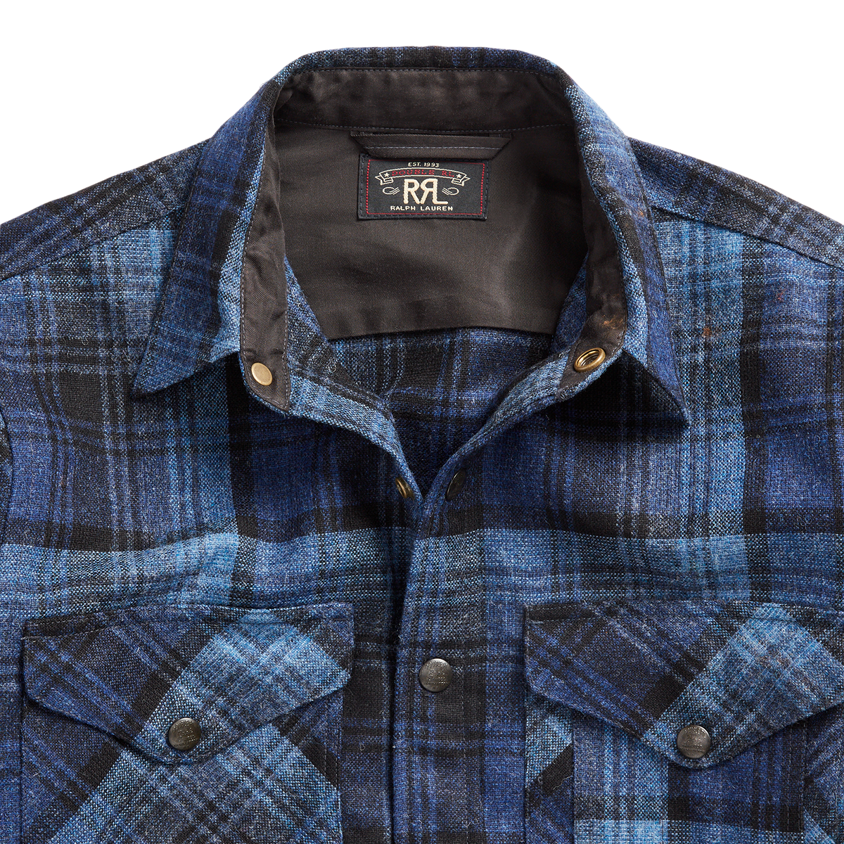 Double RL - Long-Sleeve Wool Plainweave Ombre Plaid Mason Overshirt - Dark Blue/Blue - City Workshop Men's Supply Co.
