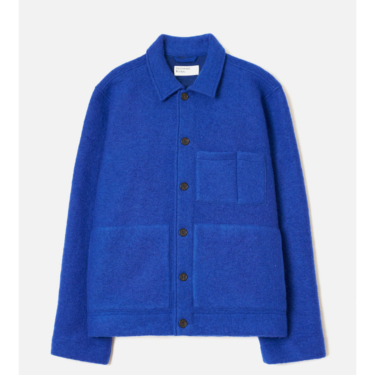 A vibrant royal blue wool-blend jacket with a button-up front, collar, and front pockets, displayed on a clean off-white background.