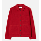 A red wool-blend utility cardigan jacket with a pointed collar, dark buttons, and a chest pocket, shown flat on a light gray background.