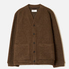 A brown knit cardigan sweater with a V-neck, dark buttons, and two front patch pockets, shown flat against a light off-white background.