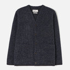 A dark navy blue textured cardigan sweater with a button-up front, laid flat against a light gray background.