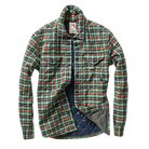 A green and red plaid button-up shirt jacket with a dark blue quilted lining, displayed against a solid white background.