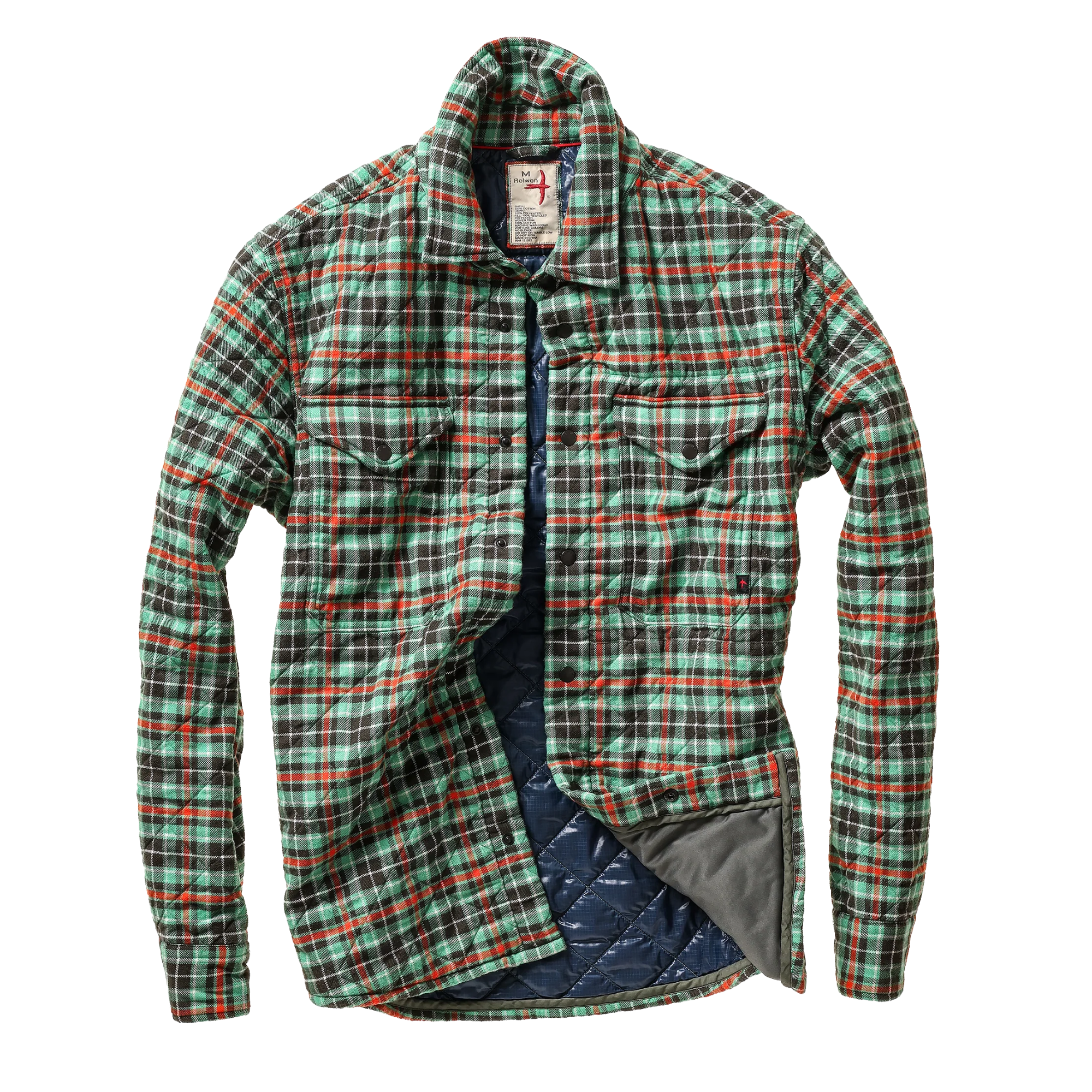 A green and red plaid button-up shirt jacket with a dark blue quilted lining, displayed against a solid white background.