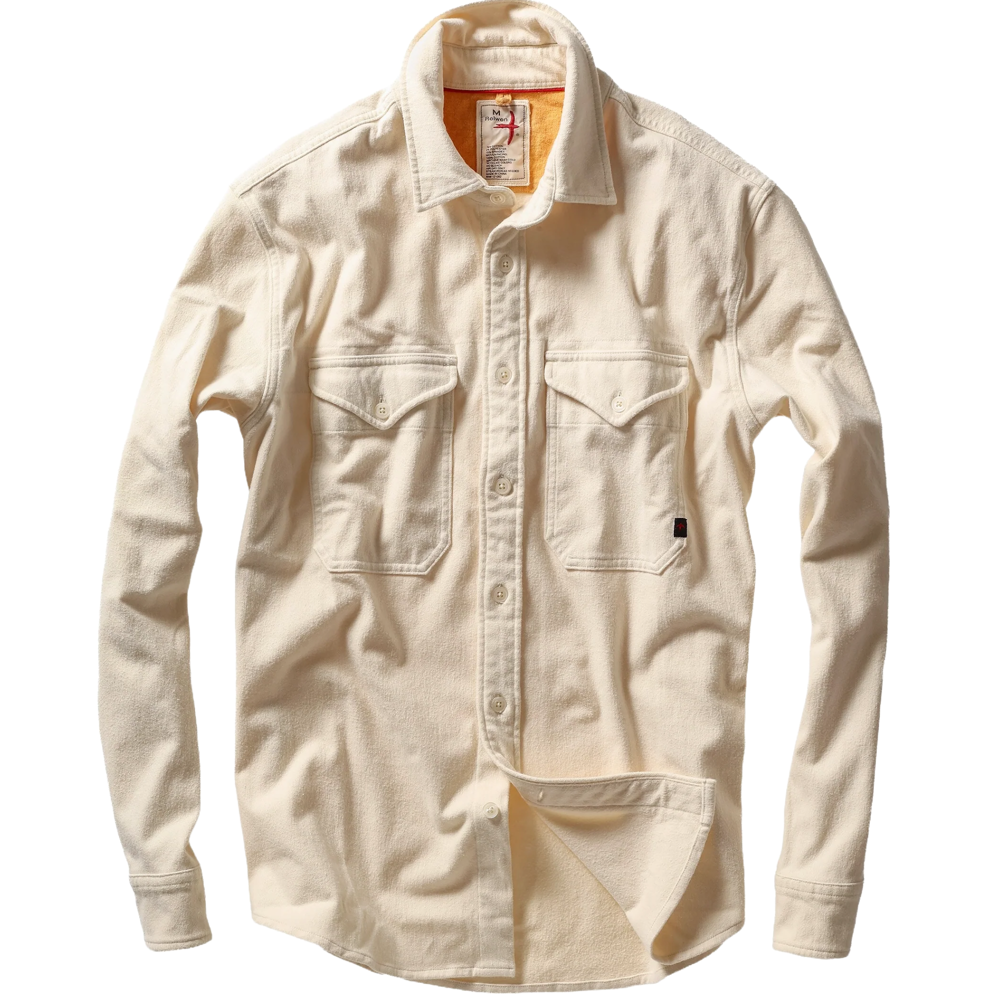 A cream-colored long-sleeve button-up shirt with two chest flap pockets, displayed flat against a solid white background.