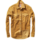 A mustard yellow corduroy button-up shirt with two chest pockets, shown flat against a solid white background.