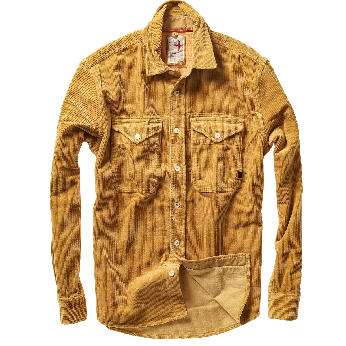 A mustard yellow corduroy button-up shirt with two chest pockets, shown flat against a solid white background.