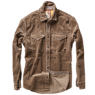 A brown corduroy button-up shirt jacket with two chest flap pockets and a lower utility pocket, displayed flat against a white background.