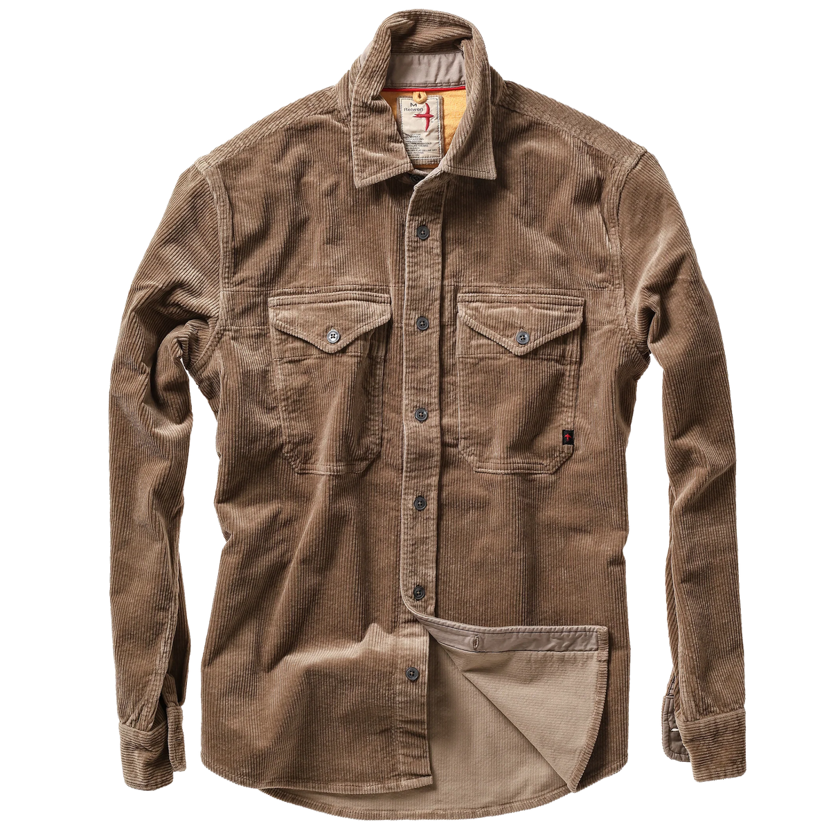 A brown corduroy button-up shirt jacket with two chest flap pockets and a lower utility pocket, displayed flat against a white background.