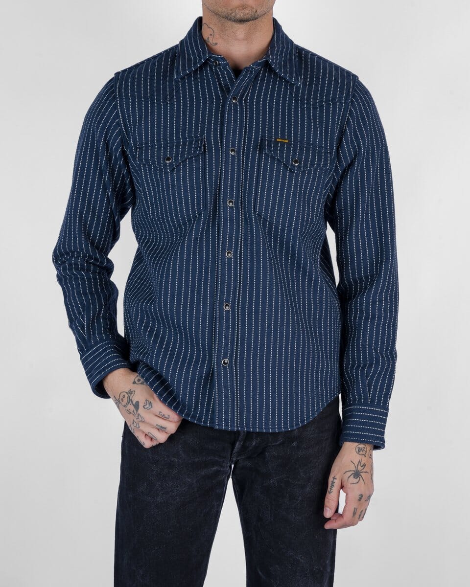 IRON HEART ダークブルー ストライプネルシャツ L Iron Heart - IHSH-401-NAV - 12oz Ultra Heavy Flannel Chalk Stripe