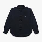 A dark navy blue long-sleeve button-up shirt with a single chest pocket, shown flat against a light gray background.