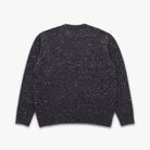 A dark charcoal gray knit sweater with subtle white and gray flecks throughout, shown from the back on a light gray background.