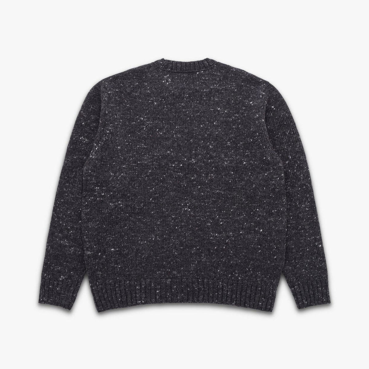 A dark charcoal gray knit sweater with subtle white and gray flecks throughout, shown from the back on a light gray background.