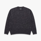 A dark charcoal gray knit crewneck sweater with subtle white and light gray flecks throughout, presented flat against a light gray background.