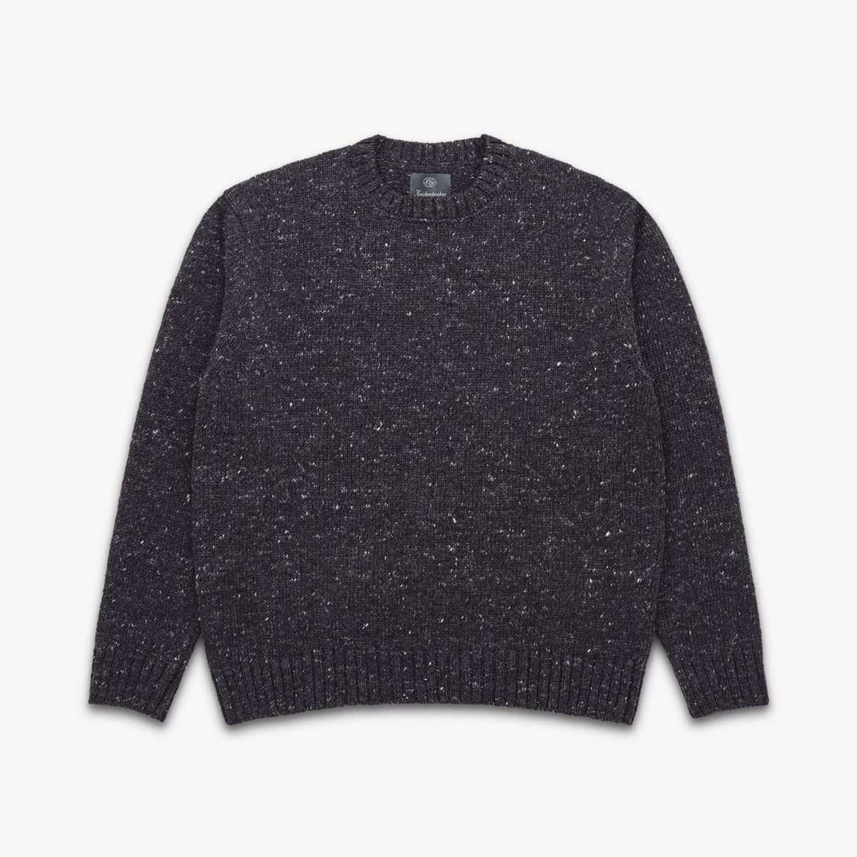 A dark charcoal gray knit crewneck sweater with subtle white and light gray flecks throughout, presented flat against a light gray background.