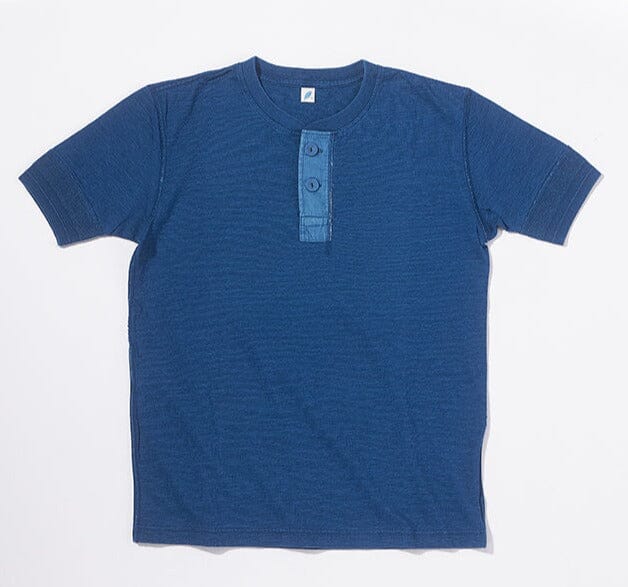 Pure Blue Japan - [SS-5397-M] Indigo Rib Sleeve Henley Neck T-shirt - Middle Indigo