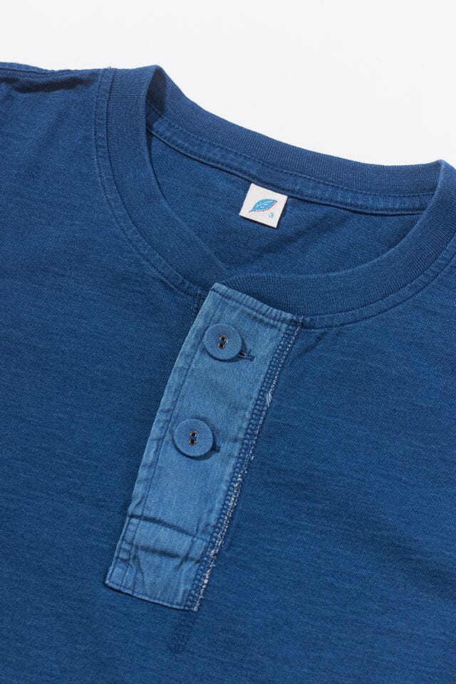 Pure Blue Japan - [SS-5397-M] Indigo Rib Sleeve Henley Neck T-shirt - Middle Indigo