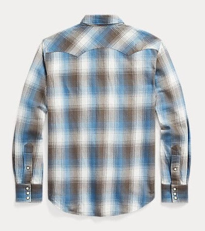 Double RL - Slim Fit Plaid Twill Western Shirt in Blue Multi