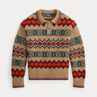A long-sleeve knit polo-style sweater with a beige base and colorful Fair Isle geometric patterns in red, blue, green, orange, and gray, shown flat against a light gray background.