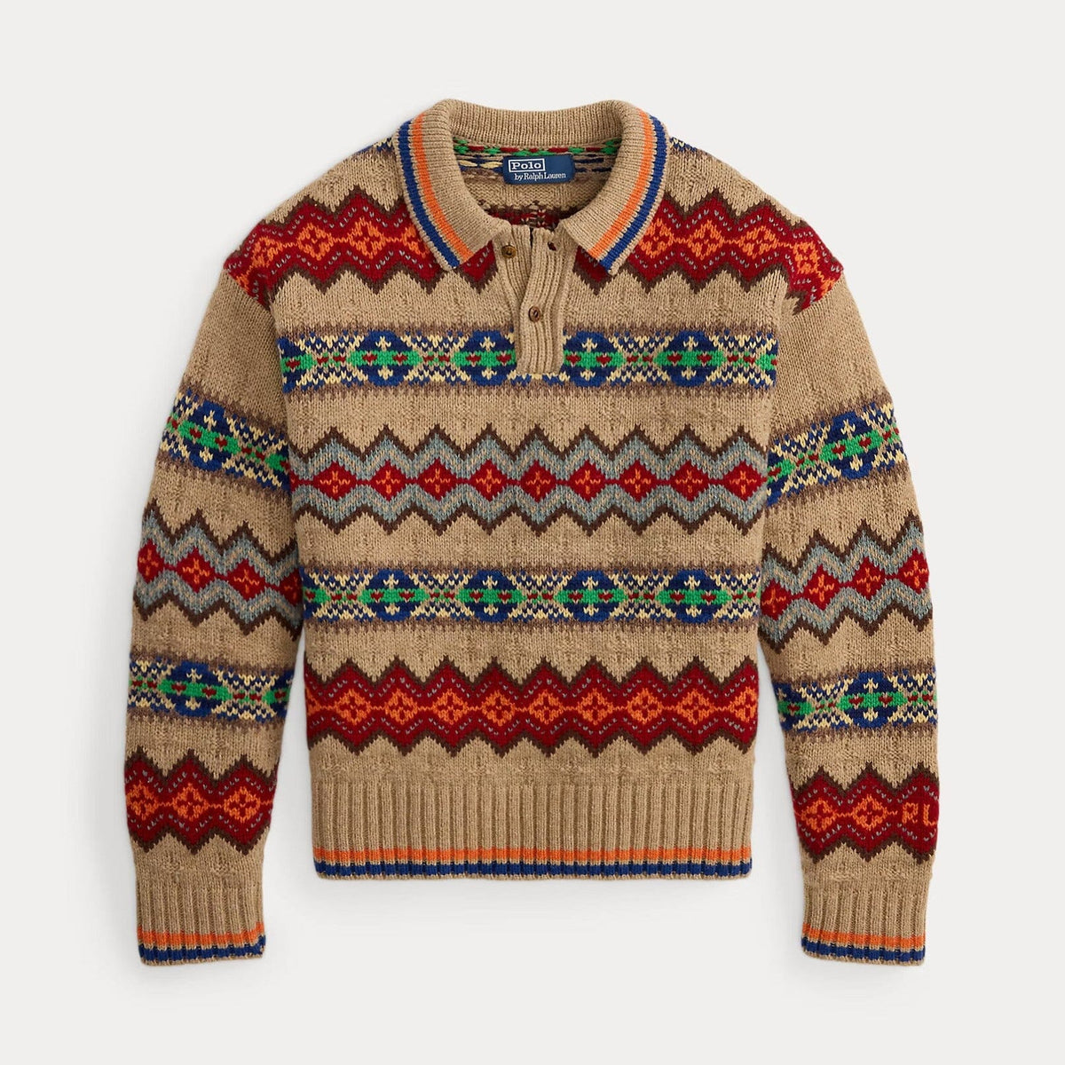 A long-sleeve knit polo-style sweater with a beige base and colorful Fair Isle geometric patterns in red, blue, green, orange, and gray, shown flat against a light gray background.