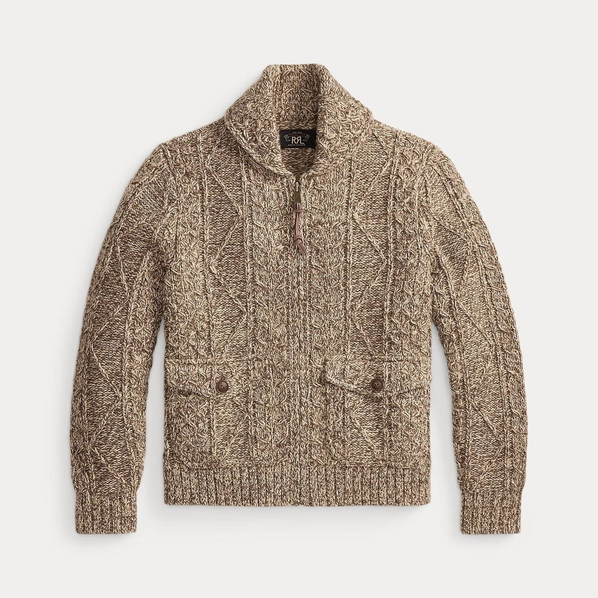 A brown and beige cable-knit cardigan sweater with a shawl collar, buttoned front, and two front pockets, shown flat on a light gray background.
