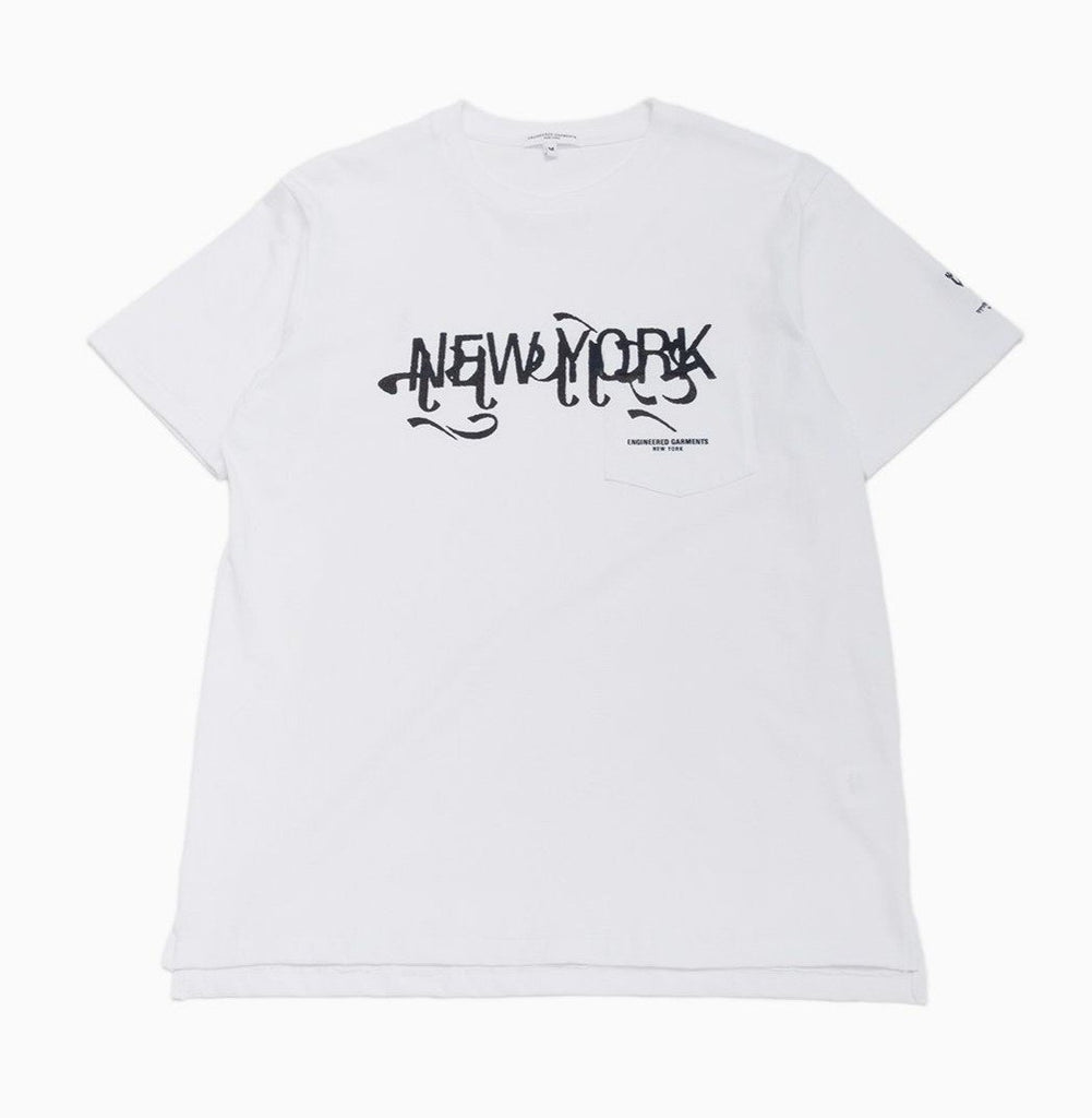 Engineered Garments - Printed Cross Crew Neck Pocket T-Shirt - White w/New York Print - City Workshop Men's Supply Co.