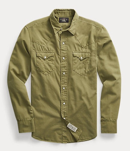 Double RL - Slim Fit Twill Western Shirt in Olive