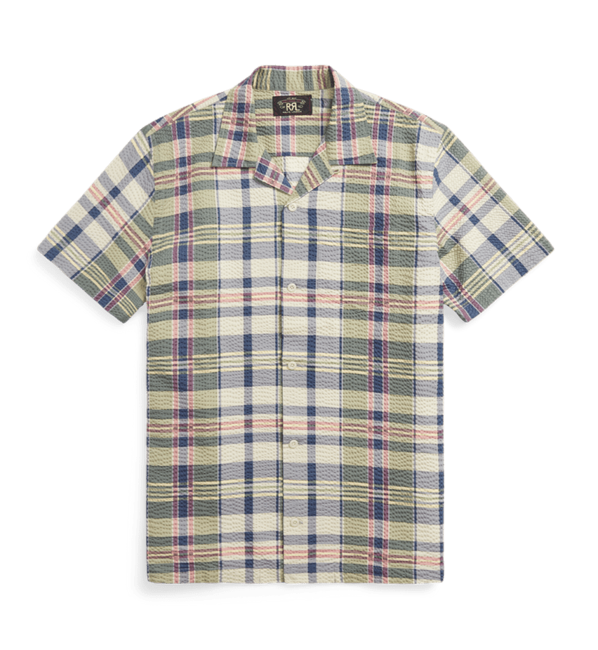 Double RL - Short Sleeve Cotton Seersucker Madras Aloha Camp Shirt in Green/Cream/Multi